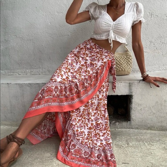 Women's Floral Boho Midi Dress - Wrap V-Neck, Short Sleeve, Ruffle Hem, Flowy High-Low Style - View #13